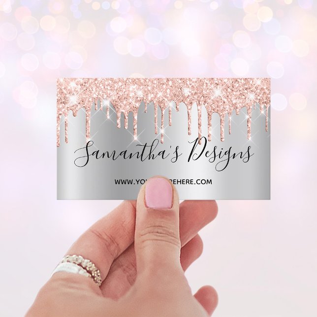 Rose Gold Glitter Drips Silver Ombre Online Store Business Card (Rose Gold Glitter Drips Silver Ombre Online Store Business Card)