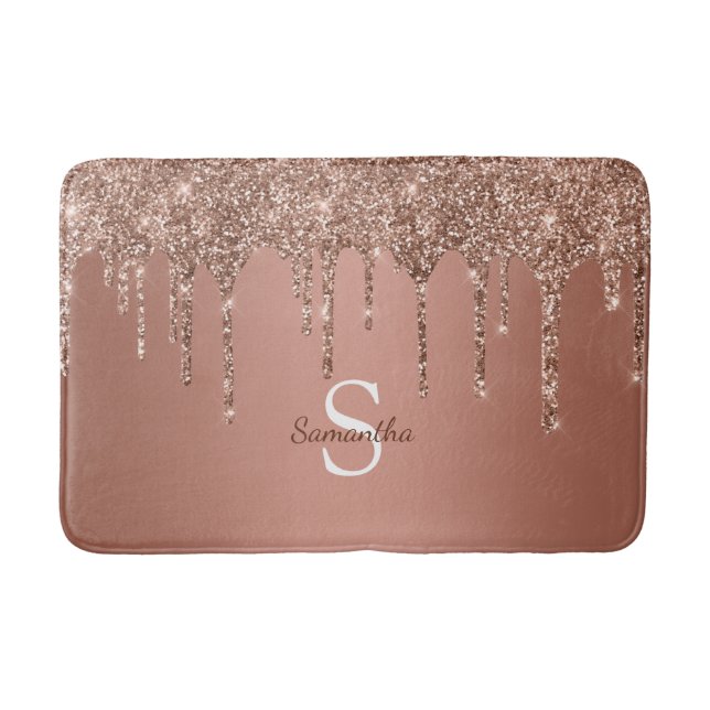 Rose Gold Glitter Drips Sparkle Monogram Name Bath Mat (Front)