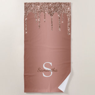 Rose Gold Glitter Drips Sparkle Monogram Name Beach Towel