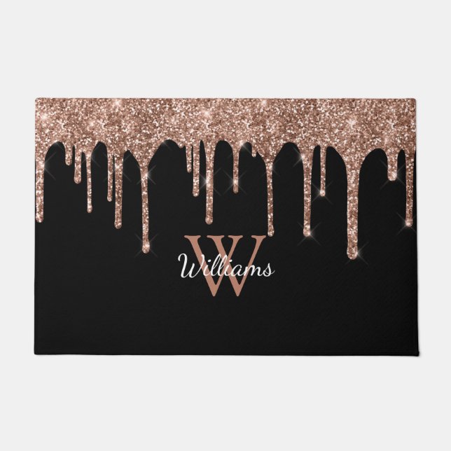 Rose Gold Glitter Drips Sparkle Monogram Name Doormat (Front)