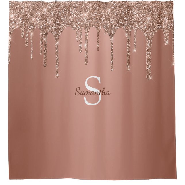 Rose Gold Glitter Drips Sparkle Monogram Name Shower Curtain (Front)