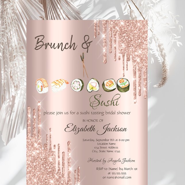 Rose Gold Glitter Drips Sushi Bridal Shower Invitation (Creator Uploaded)