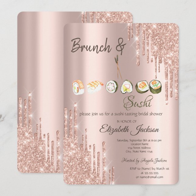 Rose Gold Glitter Drips Sushi Bridal Shower Invitation (Front/Back)