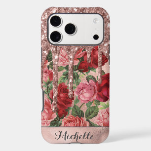 Rose Gold Glitter Drips Vintage Rose Floral Name