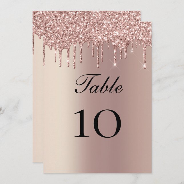 Rose Gold Glitter Drips Wedding Table Flat Card (Front/Back)