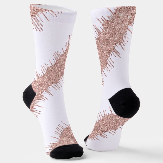 Rose Gold Glitter Drips White Socks (Angled)