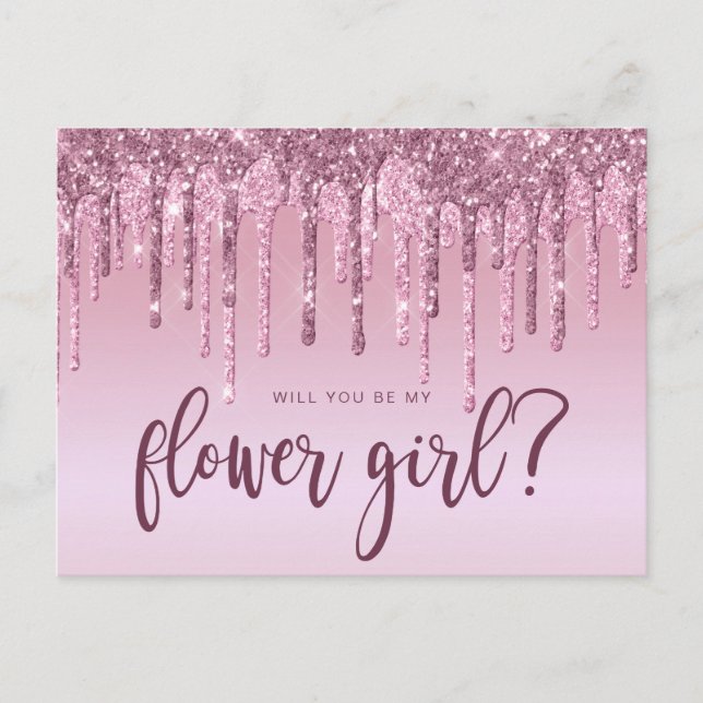 Rose gold glitter drips will you be my flower girl invitation postcard (Front)