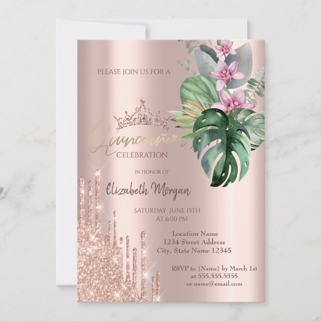 Rose Gold Glitter Drop Tropical Flowers Invitation (Front)