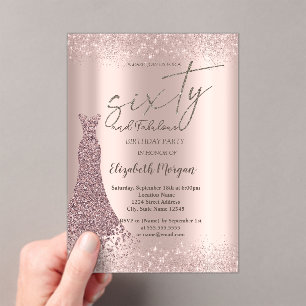 Rose Gold Glitter Dust Border Dress 60th Birthday  Acrylic Invitations
