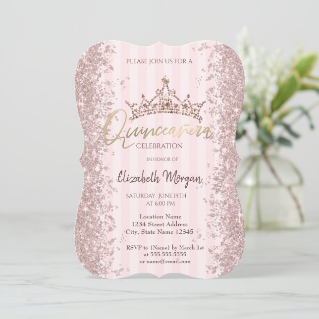 Rose Gold Glitter Dust Crown Pink Stripes Invitation (Standing Front)