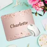 Rose gold glitter dust monogram name  mouse mat<br><div class="desc">A feminine rose gold faux metallic looking background. Decorated with faux glitter dust. Personalise and add your name.  The name is writtten with large,  bold letters.</div>