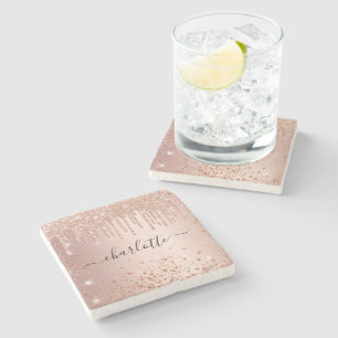 Rose gold glitter dust name script stone coaster