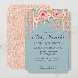 Rose Gold Glitter Dusty Blue Blush Floral Shower Invitation