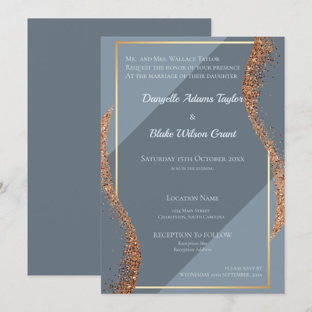 Rose Gold Glitter Dusty Blues Wedding Invitation (Front/Back)