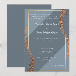Rose Gold Glitter Dusty Blues Wedding Invitation