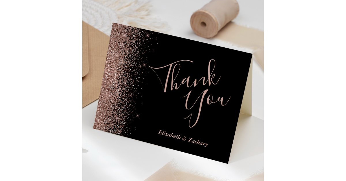 Rose Gold Glitter Edge Black Wedding Thank You Card | Zazzle