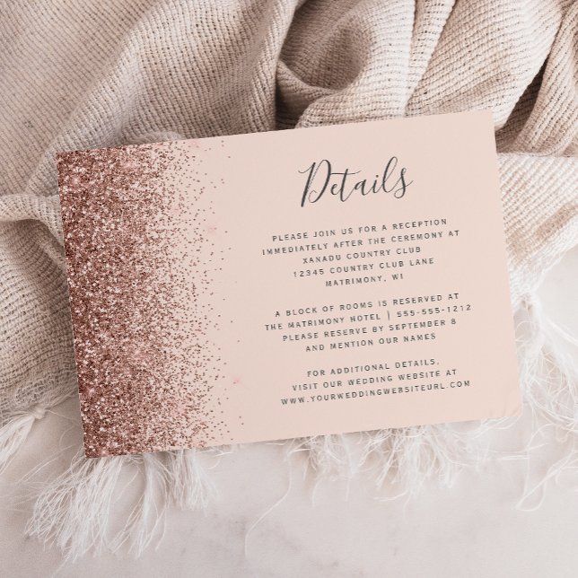 Rose Gold Glitter Edge Blush Pink Wedding Details Enclosure Card (Creator Uploaded)