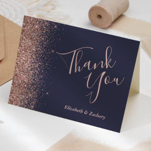 Rose Gold Glitter Edge Dark Blue Wedding Thank You Card