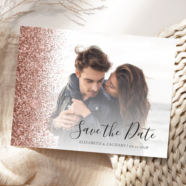 Rose Gold Glitter Edge Photo Save the Date Postcard (Creator Uploaded)