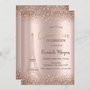 Rose Gold Glitter Eiffel Confetti Quinceañera Invitation