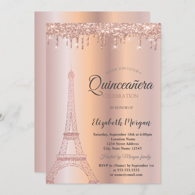 Rose Gold Glitter Eiffel Tower,Drips Quinceañera Invitation (Front/Back)