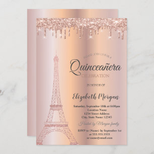 Rose Gold Glitter Eiffel Tower,Drips Quinceañera Invitation