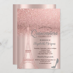 Rose Gold Glitter Eiffel Tower,Heels  Quinceañera  Invitation