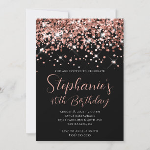 Rose Gold Glitter Elegant 40th Birthday Black Invitation