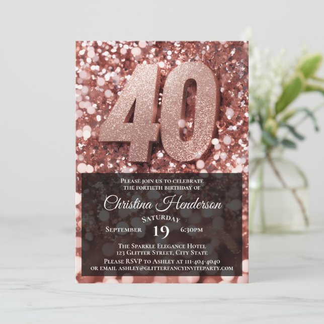 Rose Gold Glitter Elegant 40th Birthday Party Invitation (Standing Front)