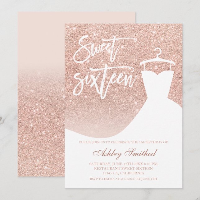 Rose gold glitter elegant chic dress Sweet 16 Invitation (Front/Back)