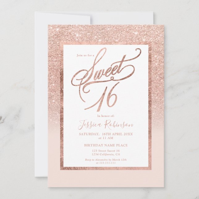Rose gold glitter elegant chic script Sweet 16 Invitation (Front)