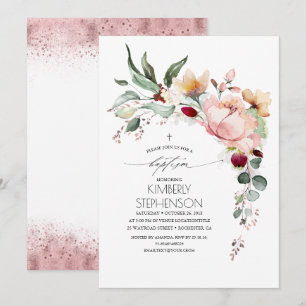 Rose Gold Glitter Elegant Floral Baptism Invitation