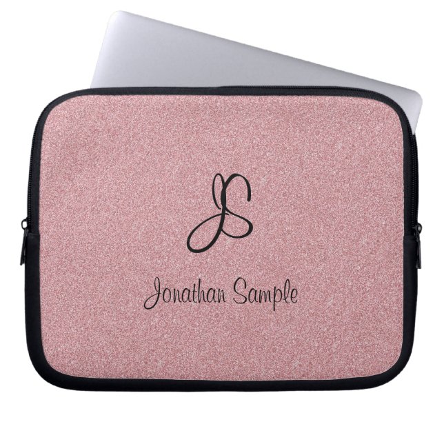 Rose Gold Glitter Elegant Modern Monogram Laptop Sleeve (Front)