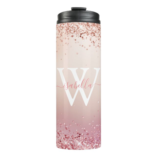 Rose Gold Glitter Elegant Monogram Thermal Tumbler (Front)