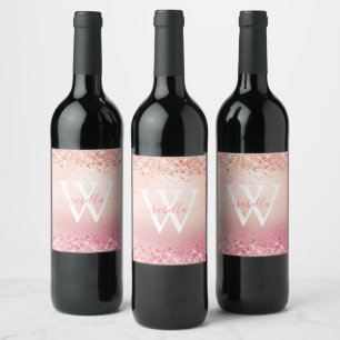 Rose Gold Glitter Elegant Monogram Wine Label