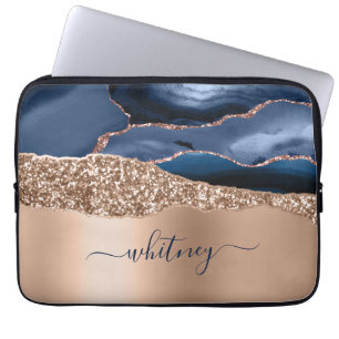 Rose Gold Glitter Elegant Monogrammed Navy Blue Laptop Sleeve