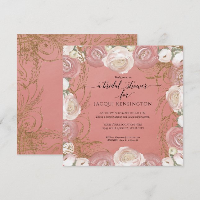 Rose Gold Glitter Elegant Painted Floral Bridal Invitation (Front/Back)