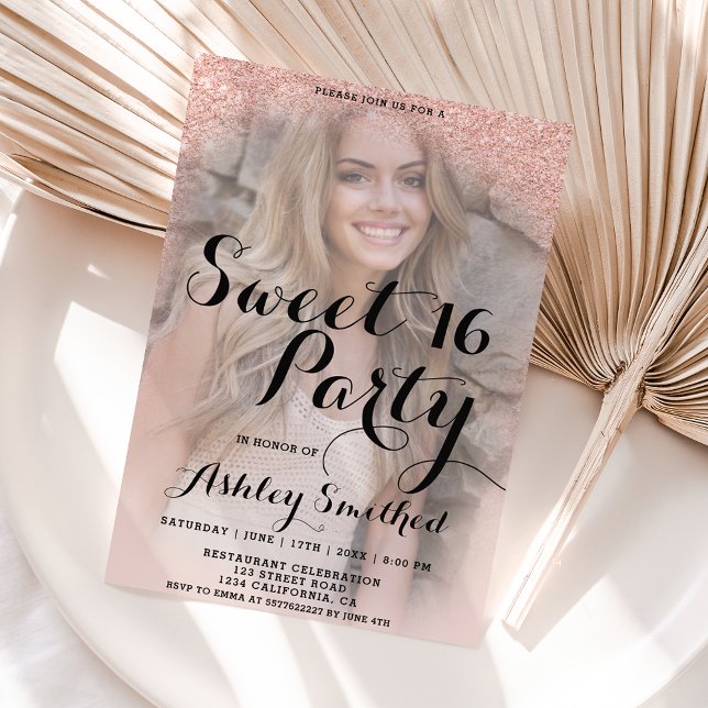 Rose gold glitter elegant photo budget Sweet 16 (Creator Uploaded)