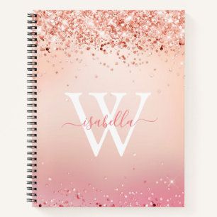Rose Gold Glitter Elegant Script Name Monogram Notebook