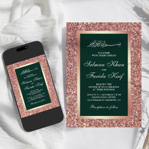 Rose Gold Glitter Emerald Islamic Muslim Wedding Invitation
