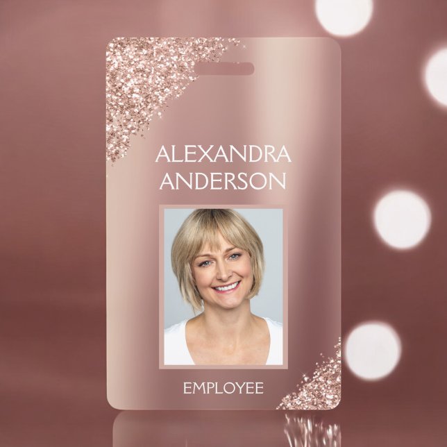 Rose Gold Glitter Employee Name Photo Corporate ID Badge (Creator Uploaded)