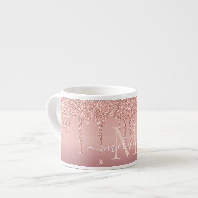 Rose Gold Glitter Espresso Cup Custom Name Letter (Front Left)