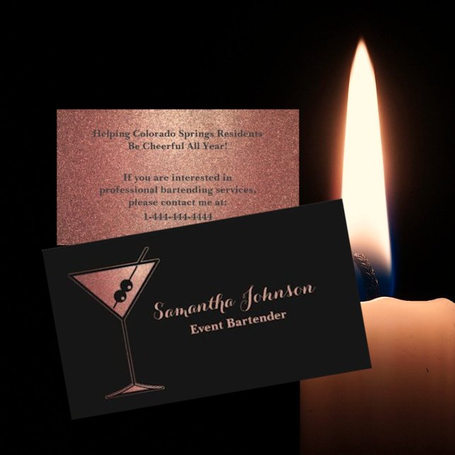 Rose Gold Glitter Event Bartender Business Card (Creator Uploaded)