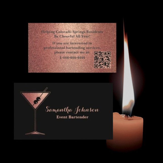 Rose Gold Glitter Event Bartender QR Code Business Card (Creator Uploaded)