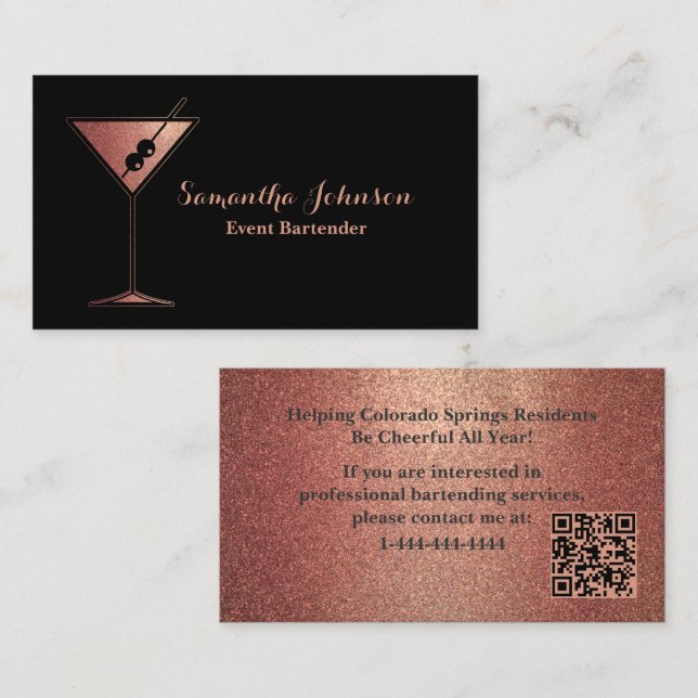 Rose Gold Glitter Event Bartender QR Code Business Card (Front/Back)