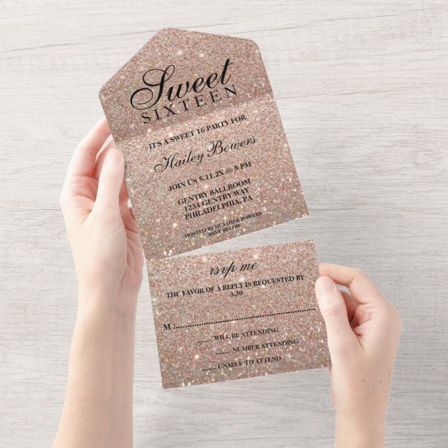 Rose Gold Glitter Fab Sweet Sixteen All In One Invitation (Tearaway)