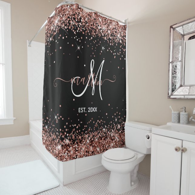 Rose Gold Glitter Family Monogram Black Shower Curtain (In Situ)