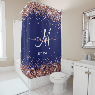 Rose Gold Glitter Family Monogram Navy Shower Curtain