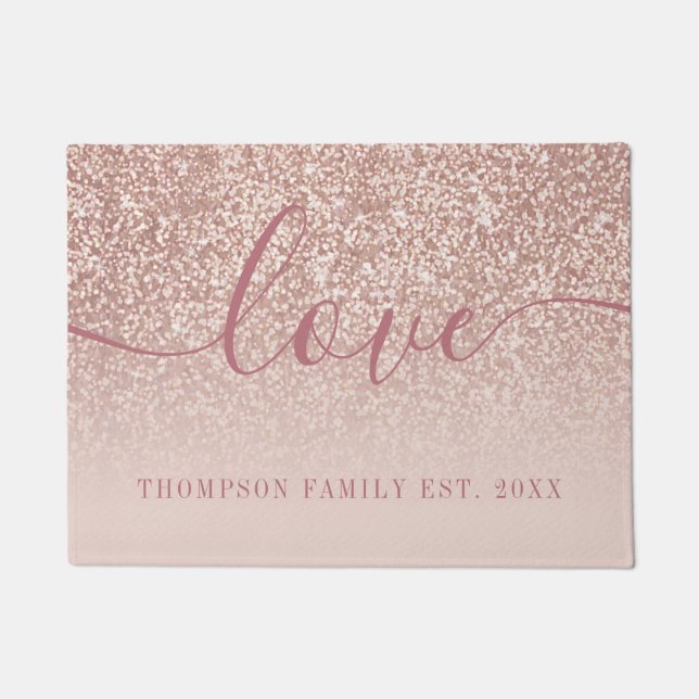 Rose Gold Glitter Family Name Love Doormat (Front)
