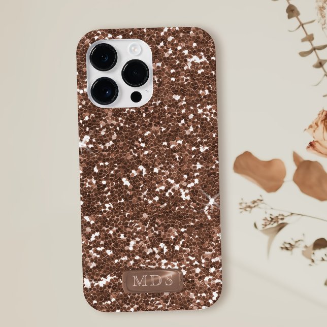 Rose Gold Glitter Faux Metal Monogram Sparkle  Case-Mate iPhone Case (Faux and fabulous Rose Gold Glitter Phone Case with space for your initials)